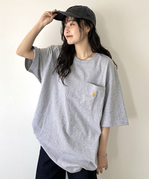Carhartt(カーハート) /USA規格 ヘビーウェイト ルーズフィット ポケT ビッグサイズ オーバーサイズ ユニセックス ポケット付き コットン 半袖 Tシャツ 5部袖 1/2スリーブ | L2202001 | グレー