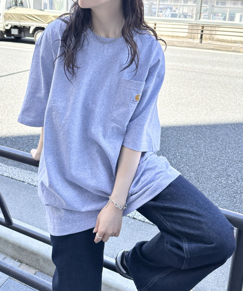 Carhartt(カーハート) /USA規格 ヘビーウェイト ルーズフィット ポケT ビッグサイズ オーバーサイズ ユニセックス ポケット付き コットン 半袖 Tシャツ 5部袖 1/2スリーブ | L2202001 | グレー