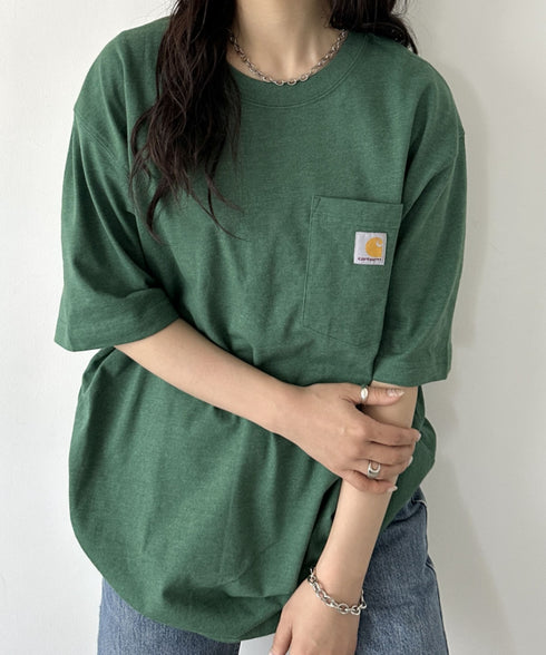 Carhartt(カーハート) /USA規格 ヘビーウェイト ルーズフィット ポケT ビッグサイズ オーバーサイズ ユニセックス ポケット付き コットン 半袖 Tシャツ 5部袖 1/2スリーブ | L2202001 | グリーン