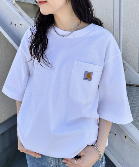 Carhartt(カーハート) /USA規格 ヘビーウェイト ルーズフィット ポケT ビッグサイズ オーバーサイズ ユニセックス ポケット付き コットン 半袖 Tシャツ 5部袖 1/2スリーブ | L2202001 | ホワイト