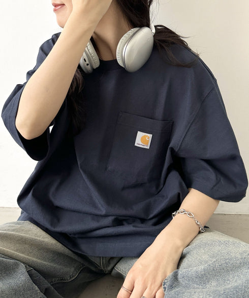 Carhartt(カーハート) /USA規格 ヘビーウェイト ルーズフィット ポケT ビッグサイズ オーバーサイズ ユニセックス ポケット付き コットン 半袖 Tシャツ 5部袖 1/2スリーブ | L2202001 | ネイビー