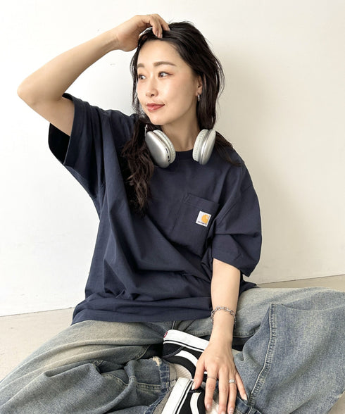 Carhartt(カーハート) /USA規格 ヘビーウェイト ルーズフィット ポケT ビッグサイズ オーバーサイズ ユニセックス ポケット付き コットン 半袖 Tシャツ 5部袖 1/2スリーブ | L2202001 | ネイビー