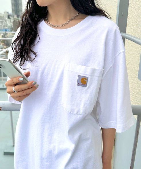 Carhartt(カーハート) /USA規格 ヘビーウェイト ルーズフィット ポケT ビッグサイズ オーバーサイズ ユニセックス ポケット付き コットン 半袖 Tシャツ 5部袖 1/2スリーブ | L2202001 | ホワイト