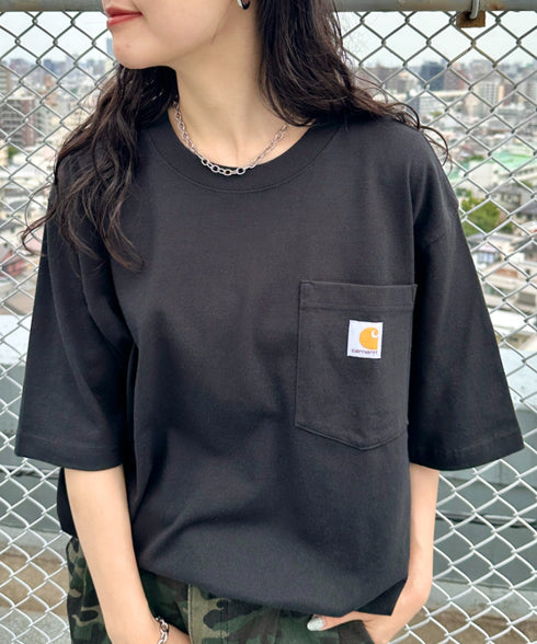 Carhartt(カーハート) /USA規格 ヘビーウェイト ルーズフィット ポケT ビッグサイズ オーバーサイズ ユニセックス ポケット付き コットン 半袖 Tシャツ 5部袖 1/2スリーブ | L2202001 | ブラック