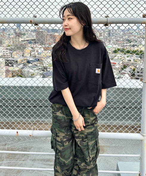 Carhartt(カーハート) /USA規格 ヘビーウェイト ルーズフィット ポケT ビッグサイズ オーバーサイズ ユニセックス ポケット付き コットン 半袖 Tシャツ 5部袖 1/2スリーブ | L2202001 | ブラック