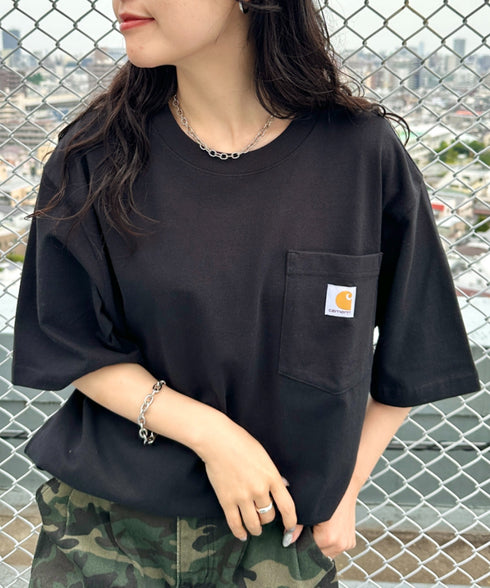 Carhartt(カーハート) /USA規格 ヘビーウェイト ルーズフィット ポケT ビッグサイズ オーバーサイズ ユニセックス ポケット付き コットン 半袖 Tシャツ 5部袖 1/2スリーブ | L2202001 | ブラック