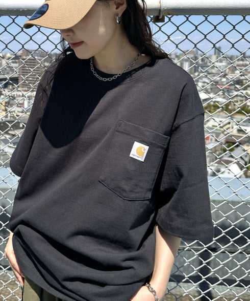 Carhartt(カーハート) /USA規格 ヘビーウェイト ルーズフィット ポケT ビッグサイズ オーバーサイズ ユニセックス ポケット付き コットン 半袖 Tシャツ 5部袖 1/2スリーブ | L2202001 | ブラック