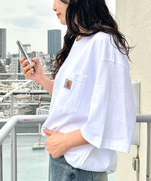 Carhartt(カーハート) /USA規格 ヘビーウェイト ルーズフィット ポケT ビッグサイズ オーバーサイズ ユニセックス ポケット付き コットン 半袖 Tシャツ 5部袖 1/2スリーブ | L2202001 | ホワイト