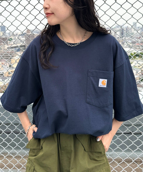 Carhartt(カーハート) /USA規格 ヘビーウェイト ルーズフィット ポケT ビッグサイズ オーバーサイズ ユニセックス ポケット付き コットン 半袖 Tシャツ 5部袖 1/2スリーブ | L2202001 | ネイビー
