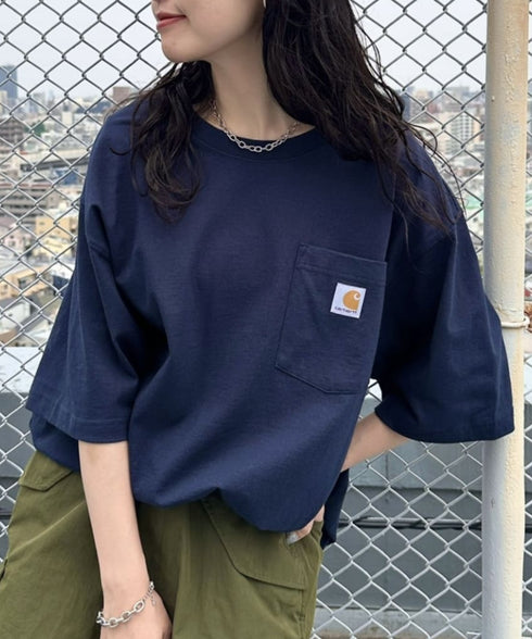Carhartt(カーハート) /USA規格 ヘビーウェイト ルーズフィット ポケT ビッグサイズ オーバーサイズ ユニセックス ポケット付き コットン 半袖 Tシャツ 5部袖 1/2スリーブ | L2202001 | ネイビー