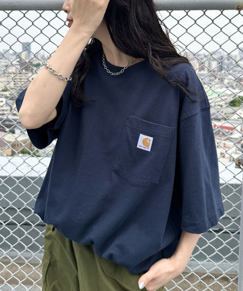 Carhartt(カーハート) /USA規格 ヘビーウェイト ルーズフィット ポケT ビッグサイズ オーバーサイズ ユニセックス ポケット付き コットン 半袖 Tシャツ 5部袖 1/2スリーブ | L2202001 | ネイビー