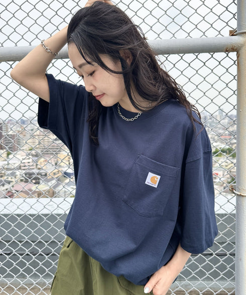 Carhartt(カーハート) /USA規格 ヘビーウェイト ルーズフィット ポケT ビッグサイズ オーバーサイズ ユニセックス ポケット付き コットン 半袖 Tシャツ 5部袖 1/2スリーブ | L2202001 | ネイビー