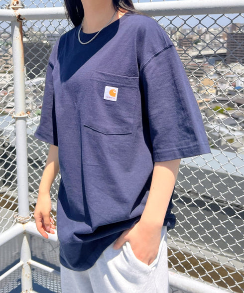 Carhartt(カーハート) /USA規格 ヘビーウェイト ルーズフィット ポケT ビッグサイズ オーバーサイズ ユニセックス ポケット付き コットン 半袖 Tシャツ 5部袖 1/2スリーブ | L2202001 | ネイビー