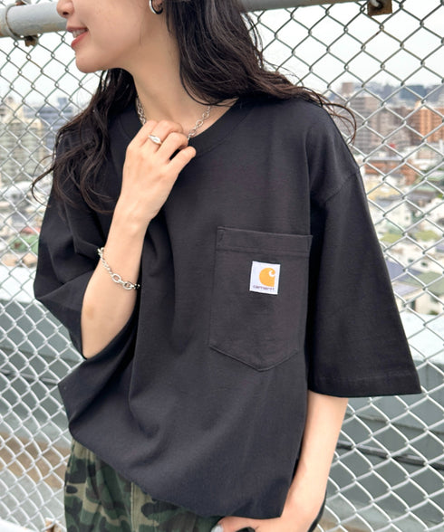 Carhartt(カーハート) /USA規格 ヘビーウェイト ルーズフィット ポケT ビッグサイズ オーバーサイズ ユニセックス ポケット付き コットン 半袖 Tシャツ 5部袖 1/2スリーブ | L2202001 | ブラック