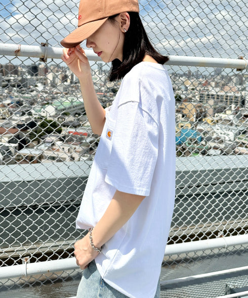 Carhartt(カーハート) /USA規格 ヘビーウェイト ルーズフィット ポケT ビッグサイズ オーバーサイズ ユニセックス ポケット付き コットン 半袖 Tシャツ 5部袖 1/2スリーブ | L2202001 | ホワイト