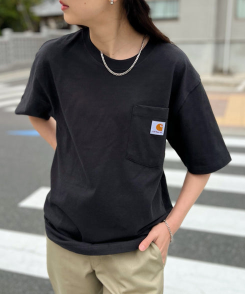 Carhartt(カーハート) /USA規格 ヘビーウェイト ルーズフィット ポケT ビッグサイズ オーバーサイズ ユニセックス ポケット付き コットン 半袖 Tシャツ 5部袖 1/2スリーブ | L2202001 | ブラック