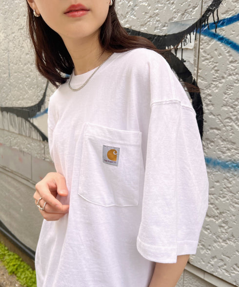 Carhartt(カーハート) /USA規格 ヘビーウェイト ルーズフィット ポケT ビッグサイズ オーバーサイズ ユニセックス ポケット付き コットン 半袖 Tシャツ 5部袖 1/2スリーブ | L2202001 | ホワイト