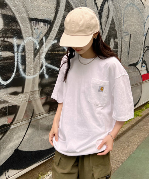 Carhartt(カーハート) /USA規格 ヘビーウェイト ルーズフィット ポケT ビッグサイズ オーバーサイズ ユニセックス ポケット付き コットン 半袖 Tシャツ 5部袖 1/2スリーブ | L2202001 | ホワイト