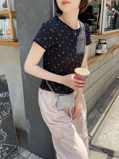 レトロフラワーワッフルフリルレースTシャツ | SL2232749 | ブラック