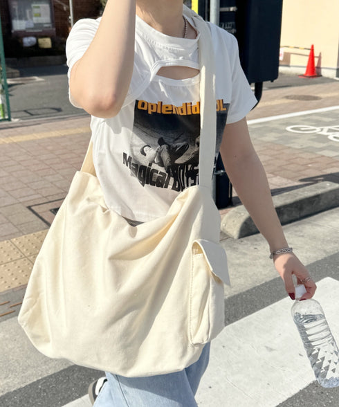 【A4サイズ対応】スマホポケット付き ビッグキャンバスショルダーバッグ | CL1231007 | アイボリー