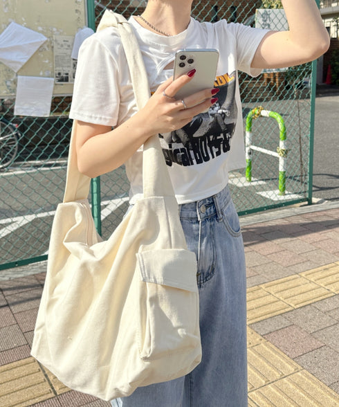 【A4サイズ対応】スマホポケット付き ビッグキャンバスショルダーバッグ | CL1231007 | アイボリー