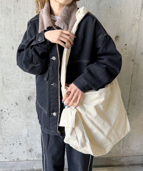 【A4サイズ対応】スマホポケット付き ビッグキャンバスショルダーバッグ | CL1231007 | アイボリー