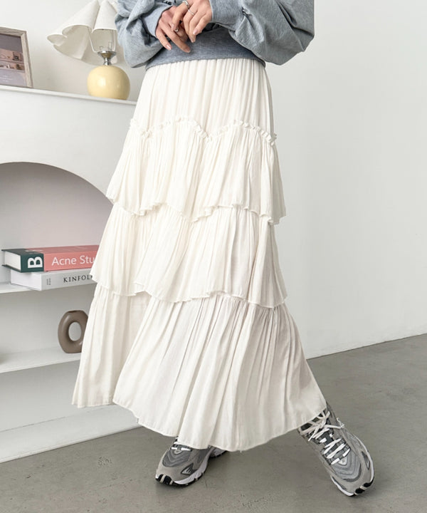 Iラインギャザーティアードロングスカート | CL2231208 | ホワイト