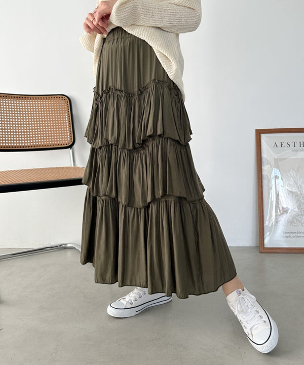 Iラインギャザーティアードロングスカート | CL2231208 | カーキ