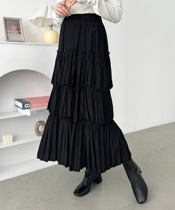 Iラインギャザーティアードロングスカート | CL2231208 | ブラック