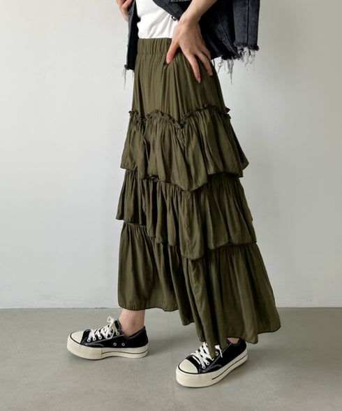 Iラインギャザーティアードロングスカート | CL2231208 | カーキ