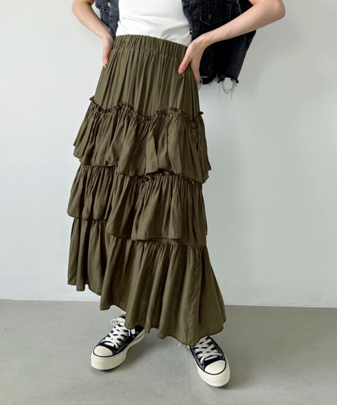 Iラインギャザーティアードロングスカート | CL2231208 | カーキ