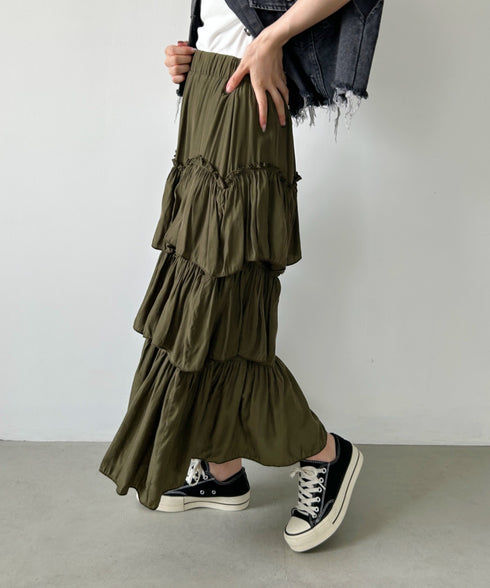 Iラインギャザーティアードロングスカート | CL2231208 | カーキ