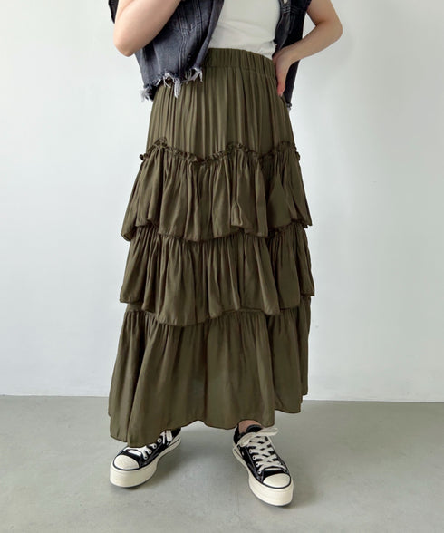 Iラインギャザーティアードロングスカート | CL2231208 | カーキ