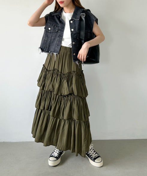 Iラインギャザーティアードロングスカート | CL2231208 | カーキ