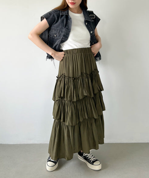 Iラインギャザーティアードロングスカート | CL2231208 | カーキ