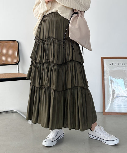 Iラインギャザーティアードロングスカート | CL2231208 | カーキ