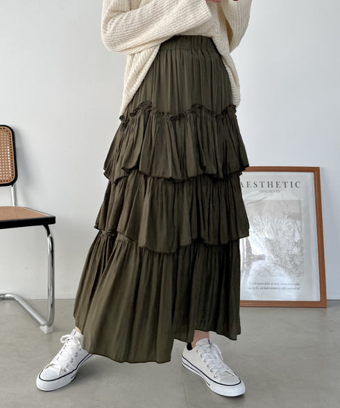 Iラインギャザーティアードロングスカート | CL2231208 | カーキ