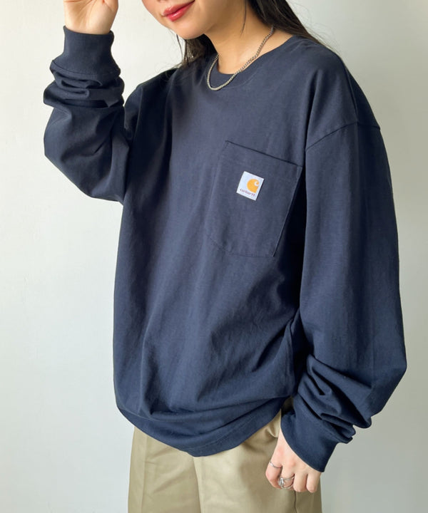 Carhartt(カーハート)/ルーズフィット ロンT ポケT USA規格 ヘビーウェイト ビッグサイズ オーバーサイズ 6.5Oz ユニセックス ポケット付き コットン 長袖 ロンT/K126 | IL2224044 | ネイビー
