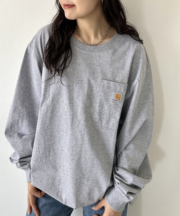 Carhartt(カーハート)/ルーズフィット ロンT ポケT USA規格 ヘビーウェイト ビッグサイズ オーバーサイズ 6.5Oz ユニセックス ポケット付き コットン 長袖 ロンT/K126 | IL2224044 | グレー