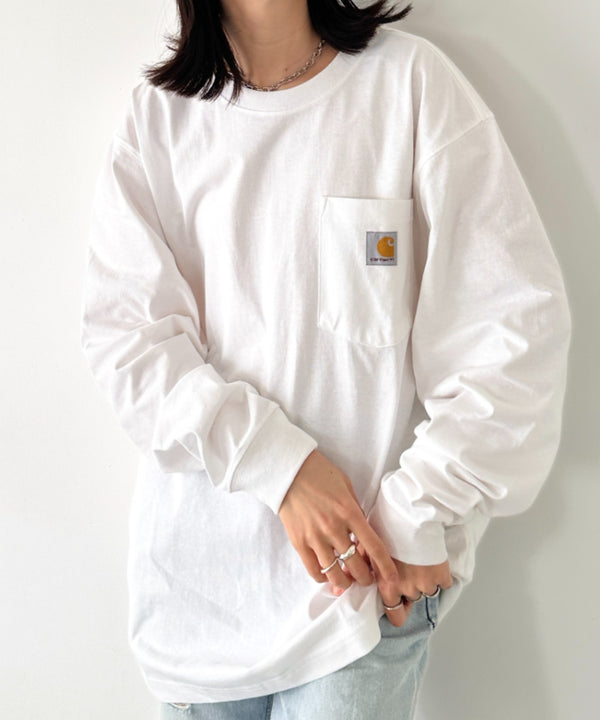 Carhartt(カーハート)/ルーズフィット ロンT ポケT USA規格 ヘビーウェイト ビッグサイズ オーバーサイズ 6.5Oz ユニセックス ポケット付き コットン 長袖 ロンT/K126 | IL2224044 | ホワイト