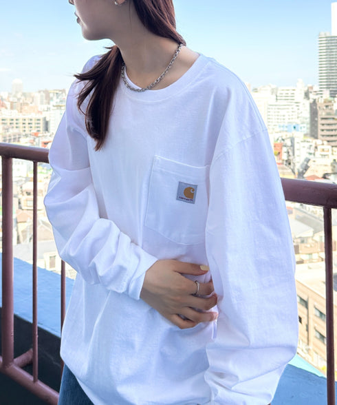 Carhartt(カーハート)/ルーズフィット ロンT ポケT USA規格 ヘビーウェイト ビッグサイズ オーバーサイズ 6.5Oz ユニセックス ポケット付き コットン 長袖 ロンT/K126 | IL2224044 | ホワイト