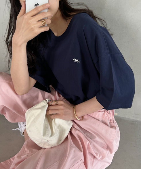 【POLOCHAMPS/ポロチャンプス】 別注 ワンポイント刺繍 クルーネック半袖Tシャツ オーバーサイズ | CL2232052 | ネイビー