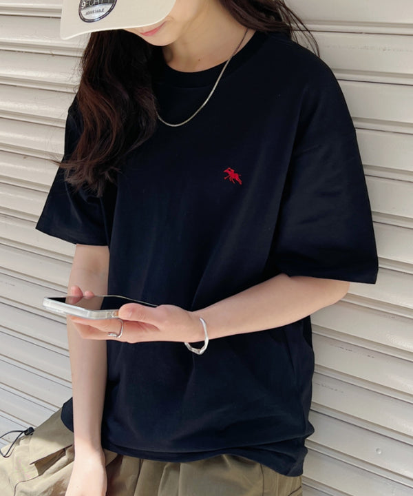 【POLO CHAMPS/ポロチャンプス】 別注 ワンポイント刺繍 クルーネック半袖Tシャツ オーバーサイズ | CL2232052 | ブラック