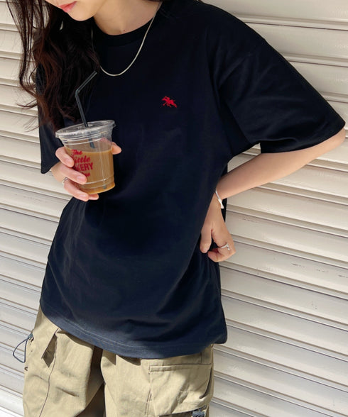 【POLOCHAMPS/ポロチャンプス】 別注 ワンポイント刺繍 クルーネック半袖Tシャツ オーバーサイズ | CL2232052 | ブラック