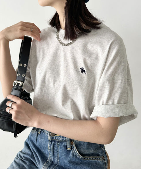 【POLOCHAMPS/ポロチャンプス】 別注 ワンポイント刺繍 クルーネック半袖Tシャツ オーバーサイズ | CL2232052 | ライトグレー