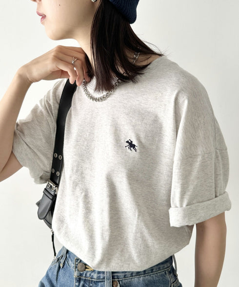【POLOCHAMPS/ポロチャンプス】 別注 ワンポイント刺繍 クルーネック半袖Tシャツ オーバーサイズ | CL2232052 | ライトグレー