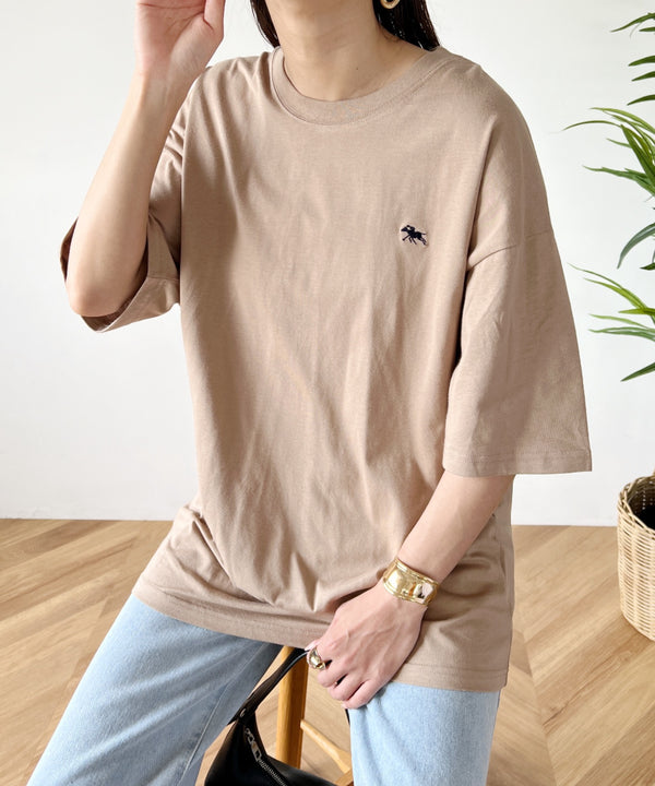 【POLO CHAMPS/ポロチャンプス】 別注 オーバーサイズ ワンポイント刺繍 クルーネック半袖Tシャツ | MD2232002 | ベージュ