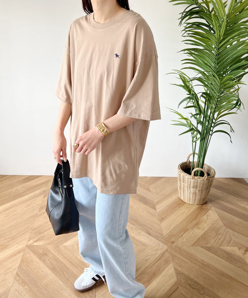 【POLOCHAMPS/ポロチャンプス】 別注 オーバーサイズ ワンポイント刺繍 クルーネック半袖Tシャツ | MD2232002 | ベージュ