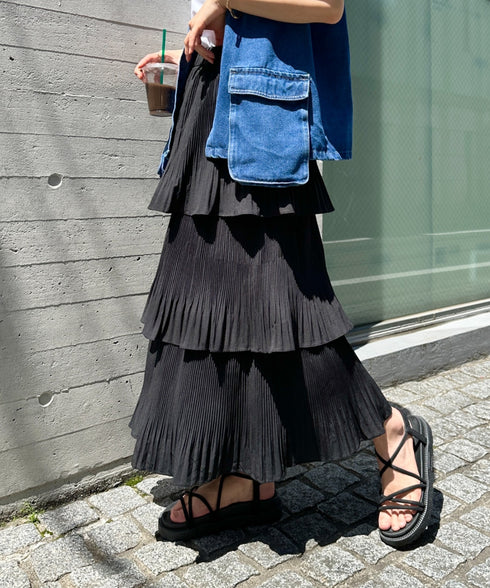 3段ティアードフリル カンカンロング丈スカート | CL2232304 | ブラック