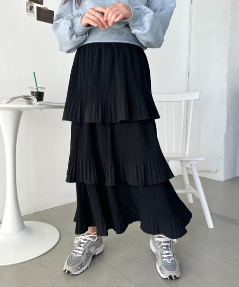 3段ティアードフリル カンカンロング丈スカート | CL2232304 | ブラック